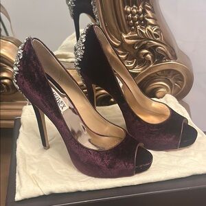 Badgley Mischka Purple Velvet Heels with Crystal Accents.